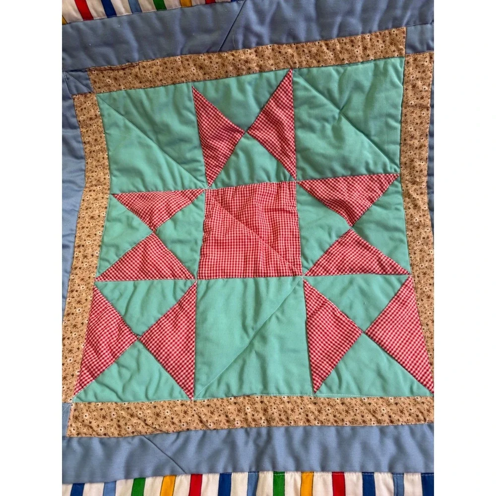 Handmade Patchwork Star Block Quilt 52x56 Throw Blanket Cottage Farmhouse Folk